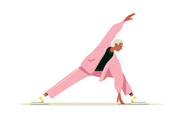 Fototapeta premium Active senior stretching in pink athletic outfit on a neutral background 