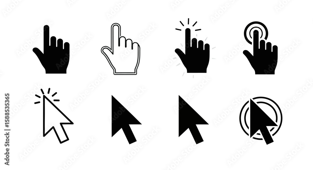 Fototapete Collection of various hand and arrow cursors, indicating actions like clicking and selecting on digital interfaces.