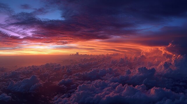 Aerial view of sunset over dramatic cloudscape fiery colors amazing sky