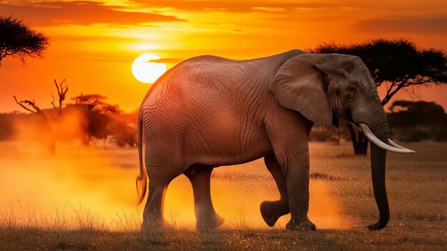 Majestic African Elephant Walking Across Dusty Savanna at Sunset with Acacia Trees