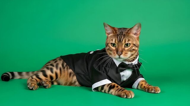 Cat Wearing a Tuxedo Lying Down on Green Background for Pet Related Stock Footage