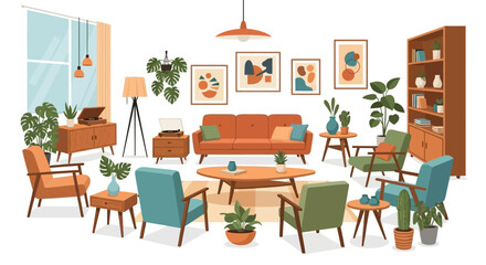 Mid-century modern living room interior design illustration, featuring furniture, plants, and artwork.