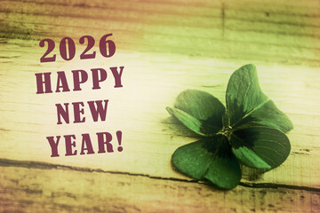 2026 HAPPY NEW YEAR greeting cart with for leaf clover and text in english