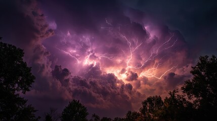 Majestic purple lightning storm over trees at night