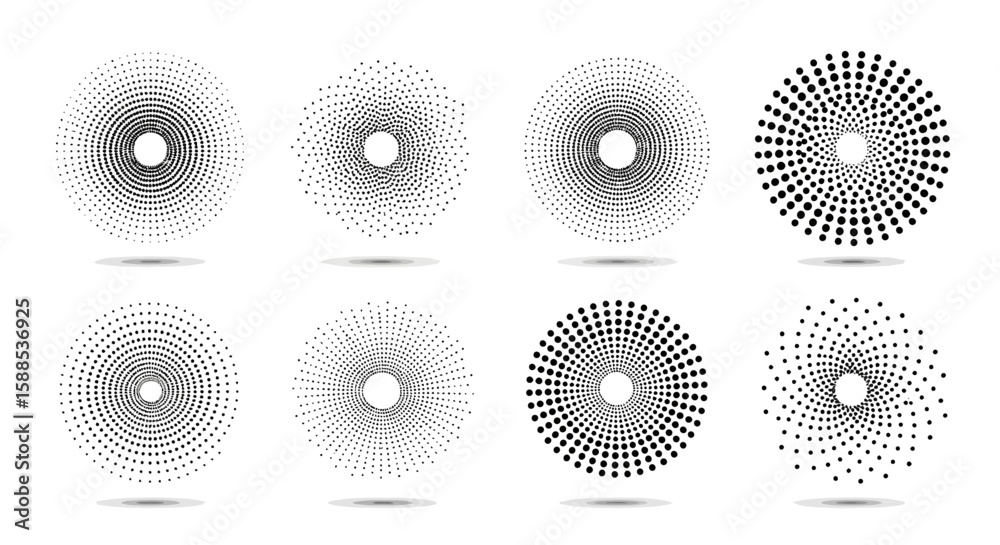 Fototapete collection of eight circular halftone patterns with varying dot densities and arrangements, creating
