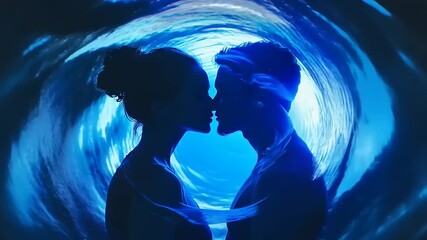 Silhouetted couple sharing an intimate moment underwater, surrounded by vibrant blue waves