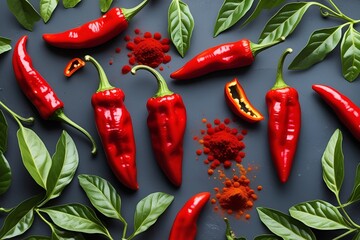 Dried red chillies. Fresh red chilli pepper spice with leaves of a plant on dark black background
