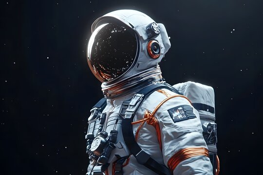 the photograph depicts a person in a space suit against a black backdrop dotted with stars