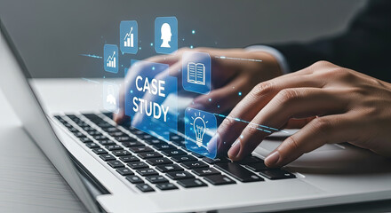 Analyzing Case Study on Laptop: Business Professional Typing on Keyboard with Data Analytics and Strategy Icons for Report and Presentation Concept