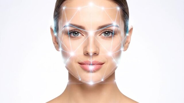 Facial Recognition Technology: A Woman's Face Analyzed with Advanced Mapping System - Powered by Adobe