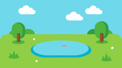 Obraz premium Field next to a small cartoon pond vector illustration