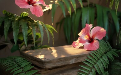 podium tabletop floor in outdoor tropical garden forest blurred green leaf plant nature background. Natural product placement pedestal stand display