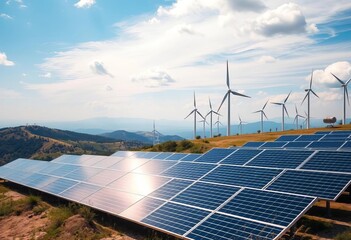 Solar panels & wind turbines on a hilltop, generating clean energy,  environmental protection,  solar panel