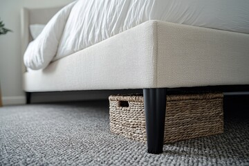 Low-angle close-up of bed base and footboard with white headboard, black legs, basket under bed on grey carpet in neutral-toned open-concept bedroom