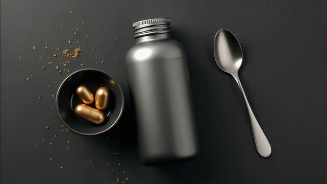 Gold pills, silver spoon and medicine bottle on dark surface, showing video attributes and qualities. Pills are in black bowl with golden powder,