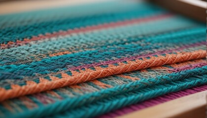 Colorful handwoven fabrics on a loom, handcrafted for durability and quality