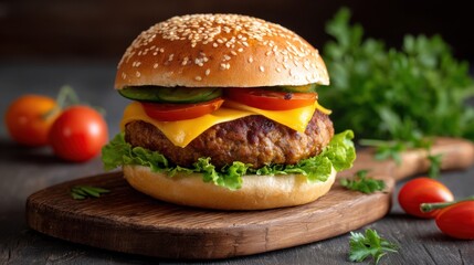 A deliciously crafted cheeseburger with fresh toppings on a rustic wooden board