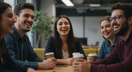 Group of diverse colleagues gathered, laughing and enjoying coffee during a casual meeting.