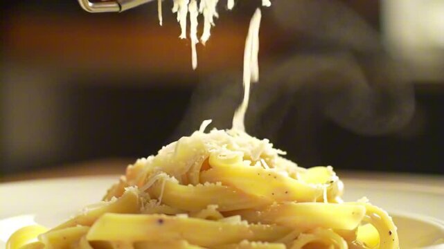 Closeup of pasta being grated with cheese The dish is steaming