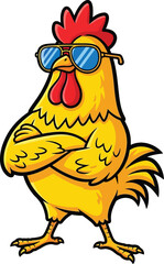 A cool cartoon rooster wearing sunglasses with arms crossed