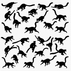 A collection of lemur silhouettes in various poses, including jumping, sitting, standing, and climbing, against a light, patterned background. © Adji