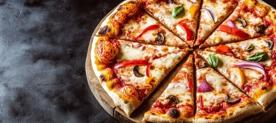 Artfully arranged delicious pizza slices topped with fresh ingredients on a rustic wooden table.