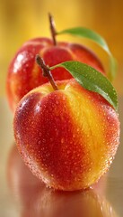 Juicy Peaches Artfully Arranged on a Rustic Wooden Table Surrounded by Lush Greenery and Nature