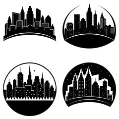 Fototapeta premium Illustration of four different black and white city skyline designs in various circular and arched shapes