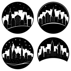 Fototapeta premium Four skyline silhouettes in circles and semi circles with star details and black and white color scheme