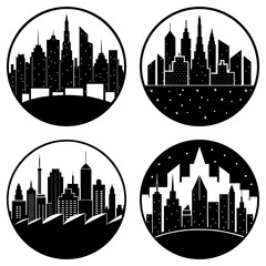 Fototapeta premium Four circular cityscapes showcasing different architectural styles and night and day time depictions of urban life