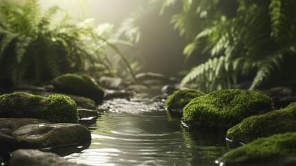 outdoor mockup copy space for environmentally friendly products in the forest. the pedestal made of stone and moss is real green. suitable for natural cosmetics or food or water