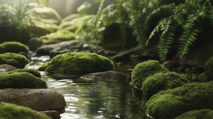 outdoor mockup copy space for environmentally friendly products in the forest. the pedestal made of stone and moss is real green. suitable for natural cosmetics or food or water