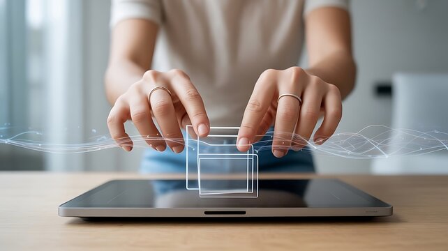 A woman interacting with a digital tablet interface