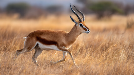 Antelope running across a savannah, in motion, wind in the air  