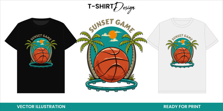 Vintage Beach Basketball Vector T-shirt Design or Print and Sticker. Palm Trees and Hoops