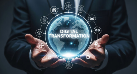 Digital Transformation Concept: Businessman Holding Globe with Tech Icons for AI, Cloud, Automation, and IoT Solutions. Modern Business Strategy