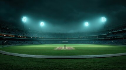 Floodlit cricket stadium at night showcasing the pitch and empty stands under a dark sky