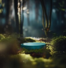 outdoor mockup copy space for environmentally friendly products in the forest. the pedestal made of stone and moss is real green. suitable for natural cosmetics or food or water