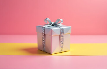 delicate silver gift box adorned glittering accents lies centered vibrant pink yellow striped background soft diffused