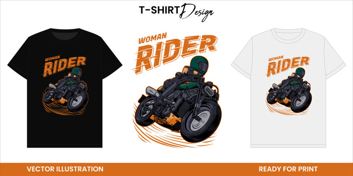 Woman Rider with Motorsport Vector T-shirt Design or Print and Sticker. Vintage Racing Illustration