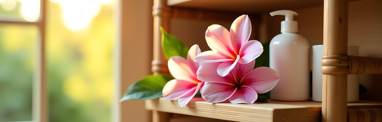 Fototapeta premium delicate pink flower bouquet gently spills rustic woven bamboo shelves bathroom kit bathed warm golden light streaming