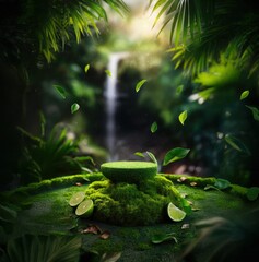 outdoor mockup copy space for environmentally friendly products in the forest. the pedestal made of stone and moss is real green. suitable for natural cosmetics or food or water