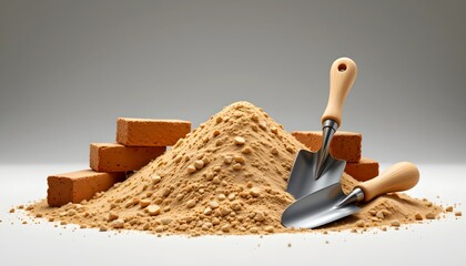 Construction scene with bricks, sand and a trowel, symbolizing building and construction work