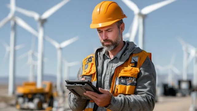 Wind Turbine Inspector: A focused inspector, clad in safety gear, meticulously reviews data on a tablet in front of a line of wind turbines.