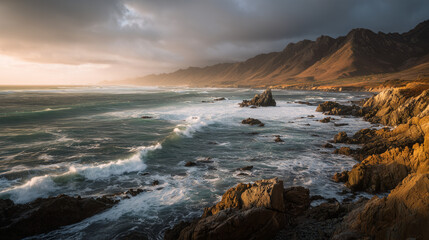 Obraz premium Dramatic Coastal Landscape with Waves Crashing Against Rocky Shoreline