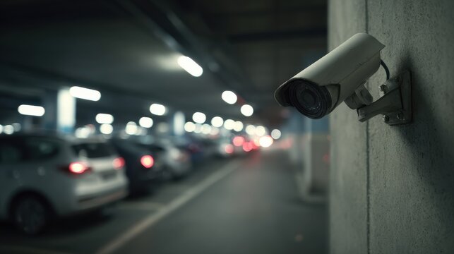 Stunning photo of parking Garage: A security camera installed on a concrete pillar, watching over a dimly lit underground parking lot, cars in motion blur . Closeup of CCTV.