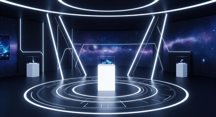 Futuristic high-tech showroom interior bathed in the deep, mysterious ambiance of dark cosmic space.