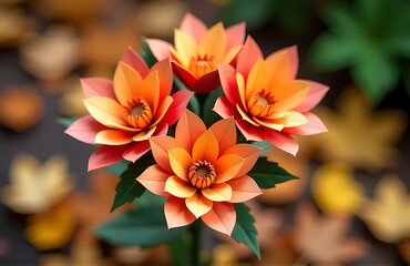 Naklejka premium delicate bouquet intricately layered paper flowers warm autumnal shades golden orange rust red soft yellow set