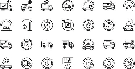 A collection of various transportation and logistics icons displayed in a neat and organized fashion 