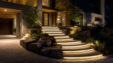 Stunning photo of elegant modern garden staircase at night illuminated by ambient LED lighting. Stylish design features curved steps, landscaping with plants. Exterior residence.